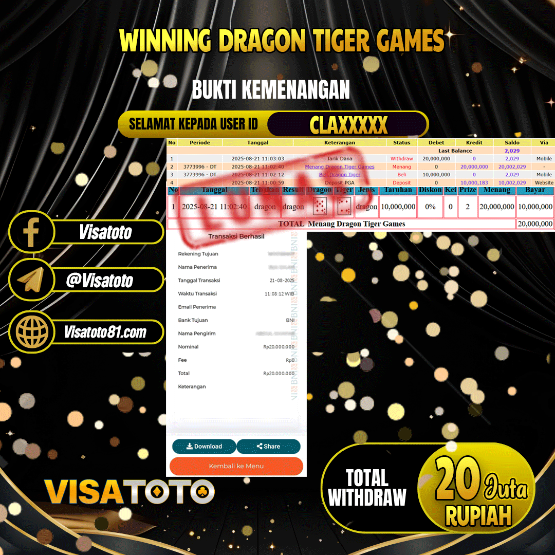 VISATOTO JACKPOT LIVE GAMES DRAGON TIGER GAMES RP.20.000.000,- LUNAS USER ID  CLA***	