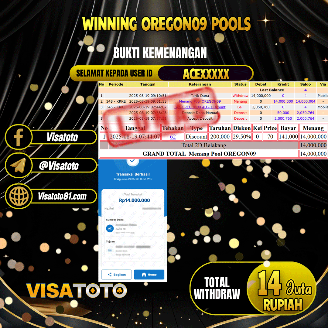VISATOTO JACKPOT TOGEL OREGON 09 RP.14.000.000,- LUNAS USER ID  ACE***	