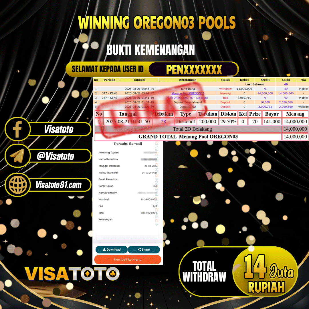 VISATOTO JACKPOT TOGEL OREGON 03 RP.14.000.000,- LUNAS USER ID  PEN***	