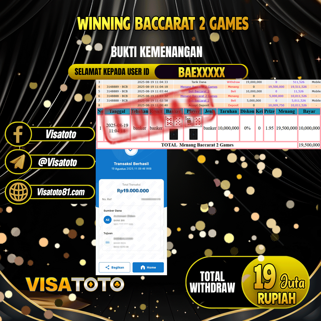 VISATOTO JACKPOT LIVE GAMES BACCARAT 2 GAMES RP.19.000.000,- LUNAS USER ID  BAE***	