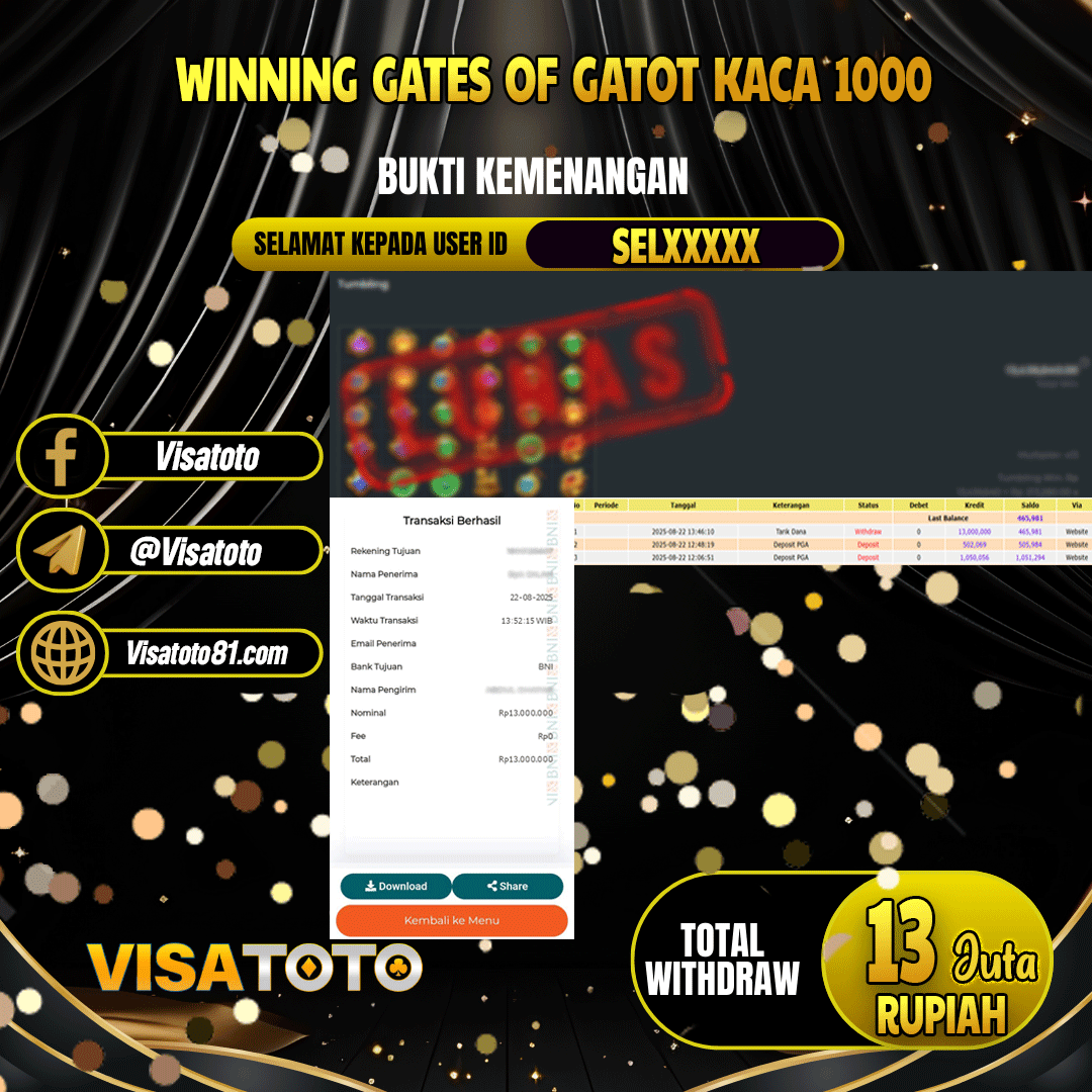 VISATOTO JACKPOT SLOT GATES OF GATOT KACA 1000 RP.13.000.000,- LUNAS USER ID  SEL***	