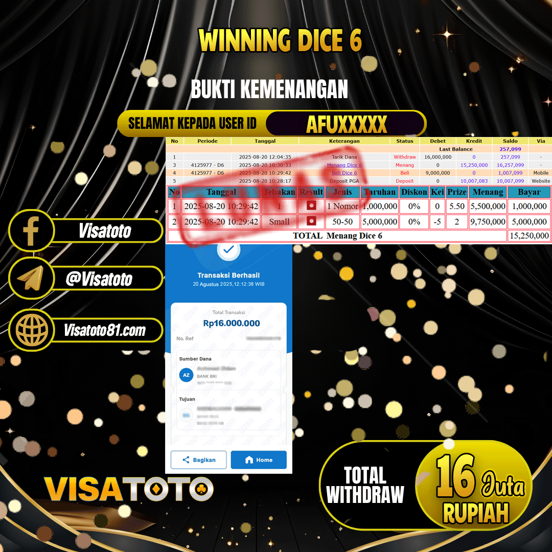 VISATOTO JACKPOT LIVE GAMES DICE 6 RP.16.000.000,- LUNAS USER ID  AFU***	