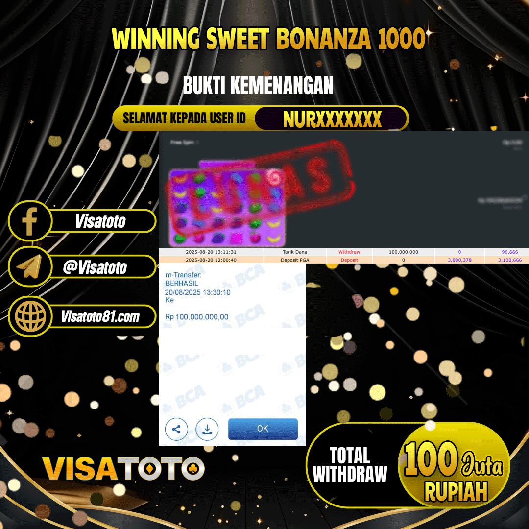 VISATOTO JACKPOT SLOT SWEET BONANZA 1000 RP.100.000.000,- LUNAS USER ID  NUR***	