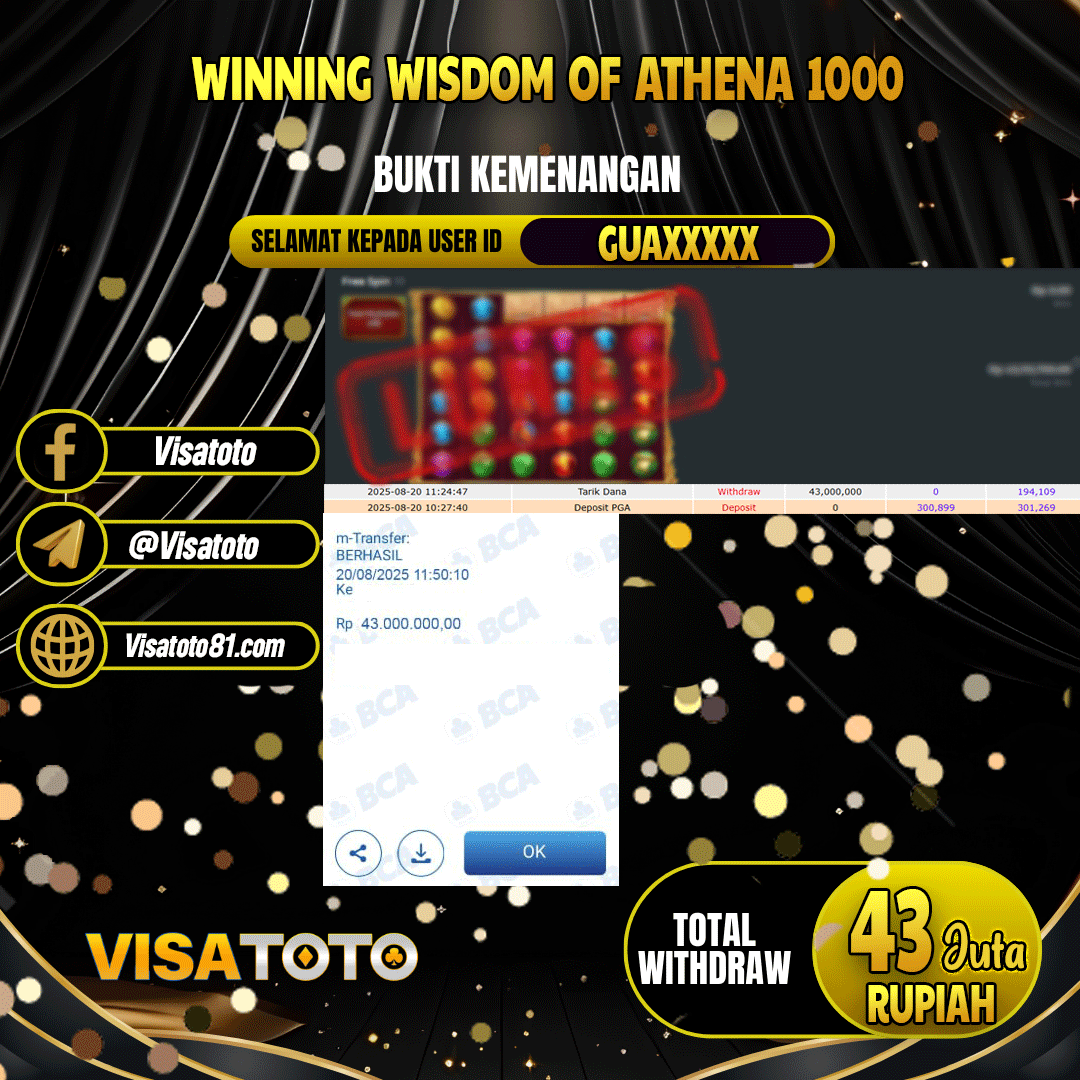 VISATOTO JACKPOT SLOT WISDOM OF ATHENA 1000 RP.43.000.000,- LUNAS USER ID  GUA***	